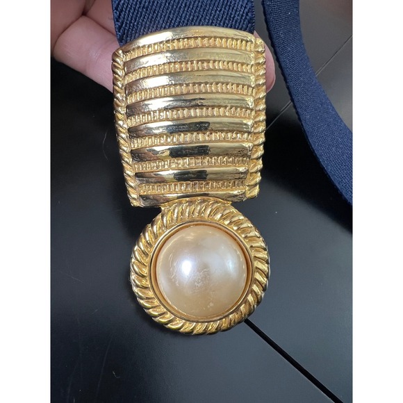 Day-Lor USA Vintage Navy Blue Elastic Cinch Belt Gold Faux Pearl Buckle Retro main image 5